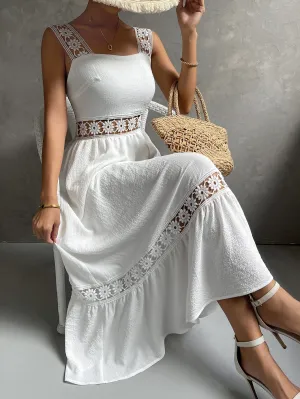 Boho Lace Insert Ruffle Hem Cami Dress - Sleeveless, High Waist, Long Length