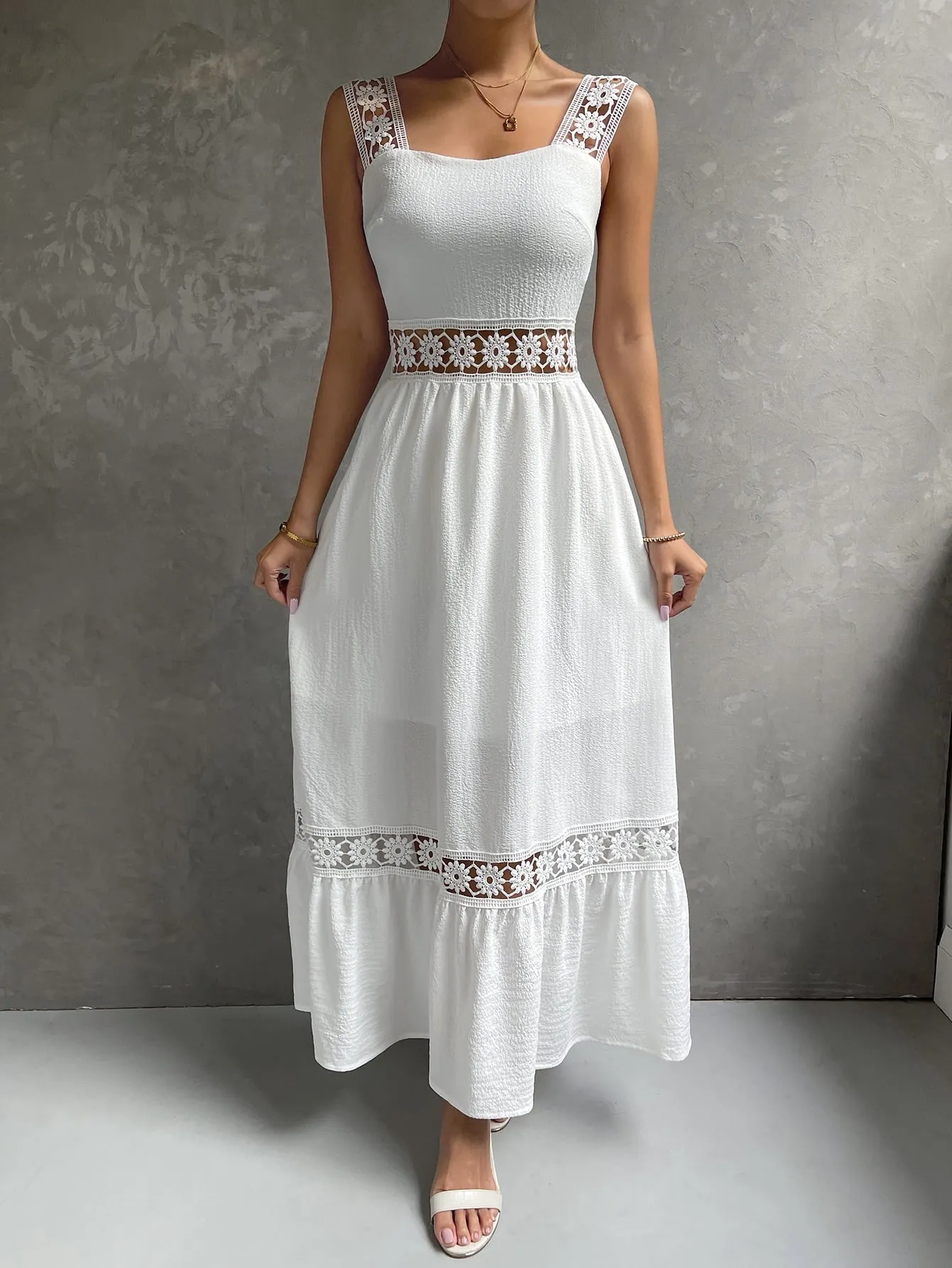 Boho Lace Insert Ruffle Hem Cami Dress - Sleeveless, High Waist, Long Length