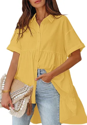 Buff Yellow 2023 Button Down Shirts for Women Oversized Short Sleeve Blouses Babydoll Flowy High Low Tunic Tops Summer