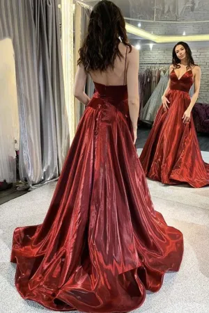 Burgundy A-Line V-Neck Satin Formal Dresses Thin Straps Evening Dresses Long Prom Dresses