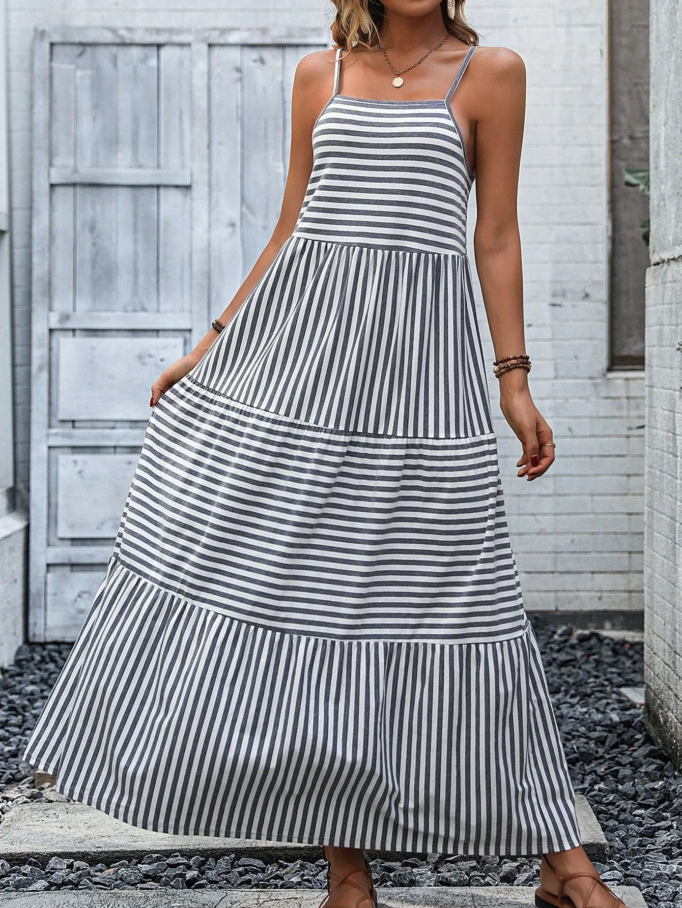 Casual Striped Ruffle Hem Cami Dress - Sleeveless, High Waist, Maxi Length