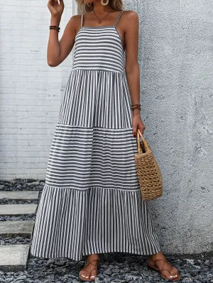 Casual Striped Ruffle Hem Cami Dress - Sleeveless, High Waist, Maxi Length