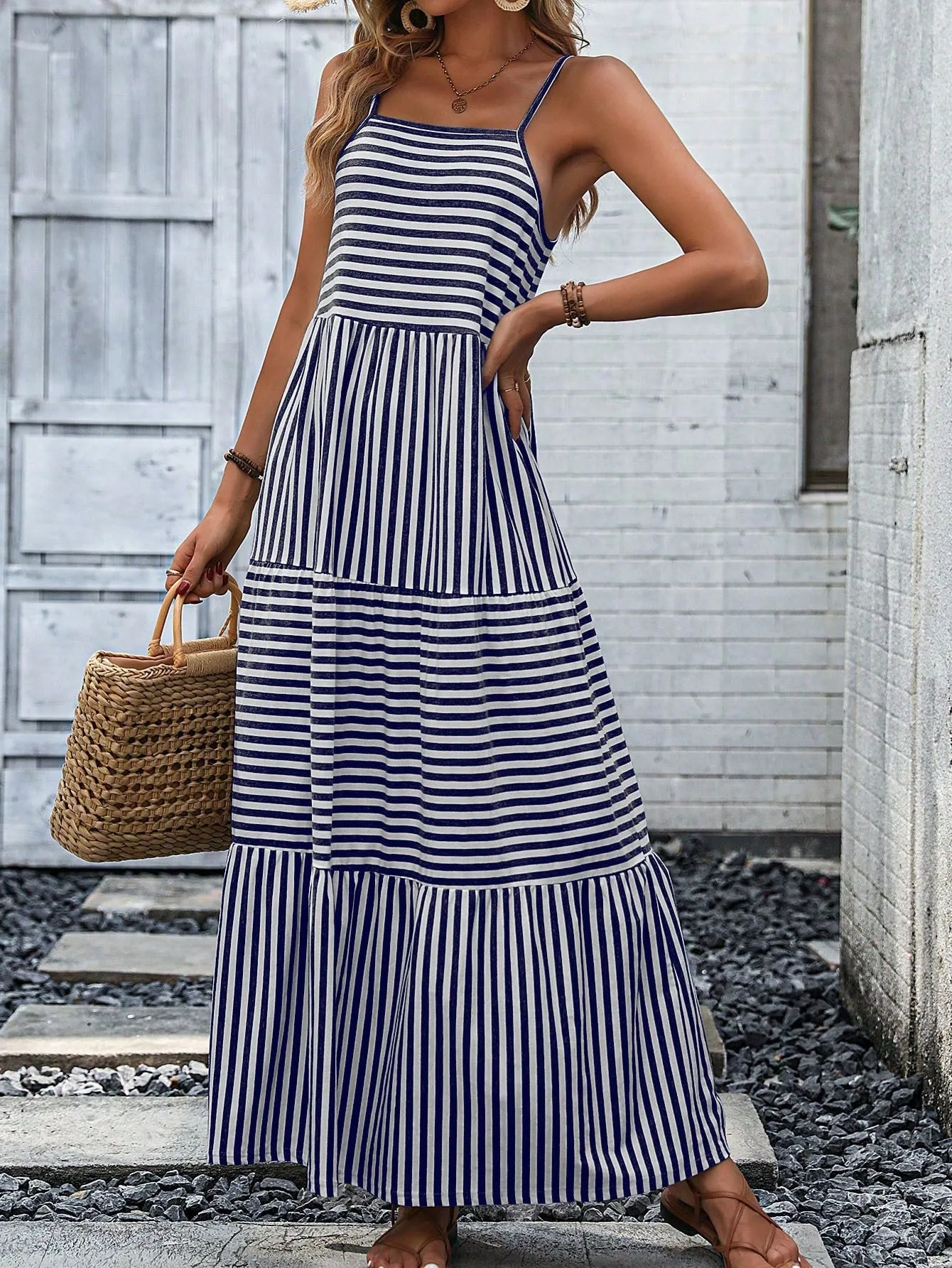 Casual Striped Ruffle Hem Cami Dress - Sleeveless, High Waist, Maxi Length