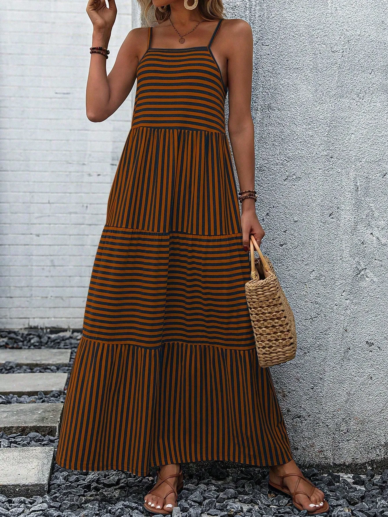 Casual Striped Ruffle Hem Cami Dress - Sleeveless, High Waist, Maxi Length