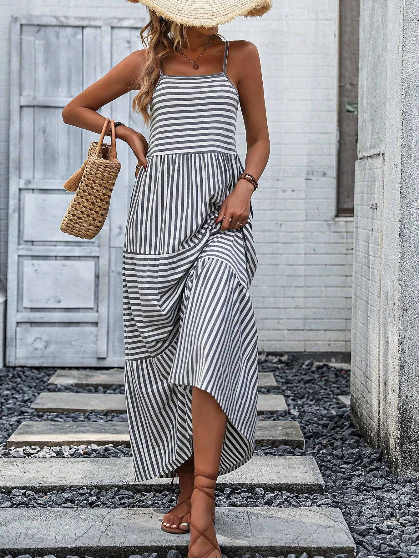 Casual Striped Ruffle Hem Cami Dress - Sleeveless, High Waist, Maxi Length