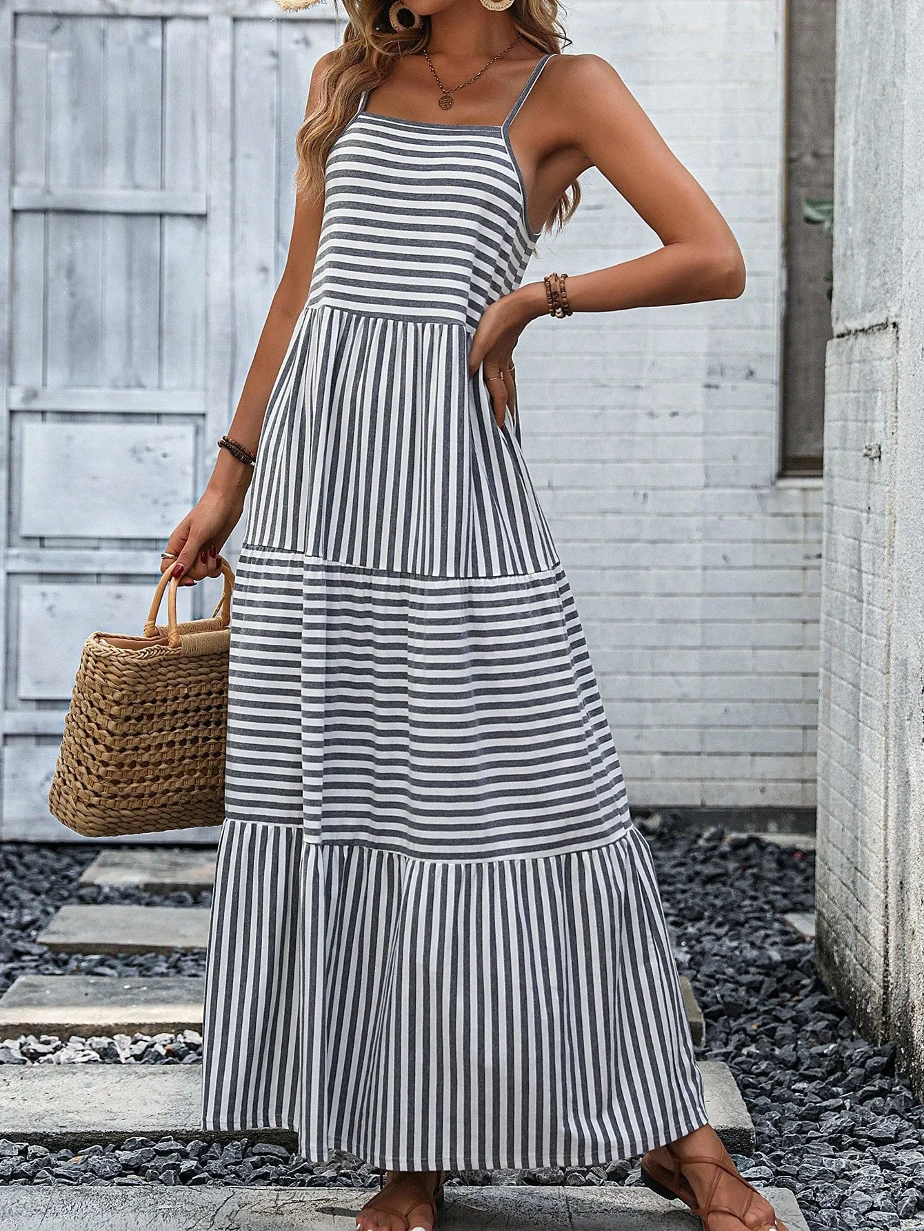 Casual Striped Ruffle Hem Cami Dress - Sleeveless, High Waist, Maxi Length