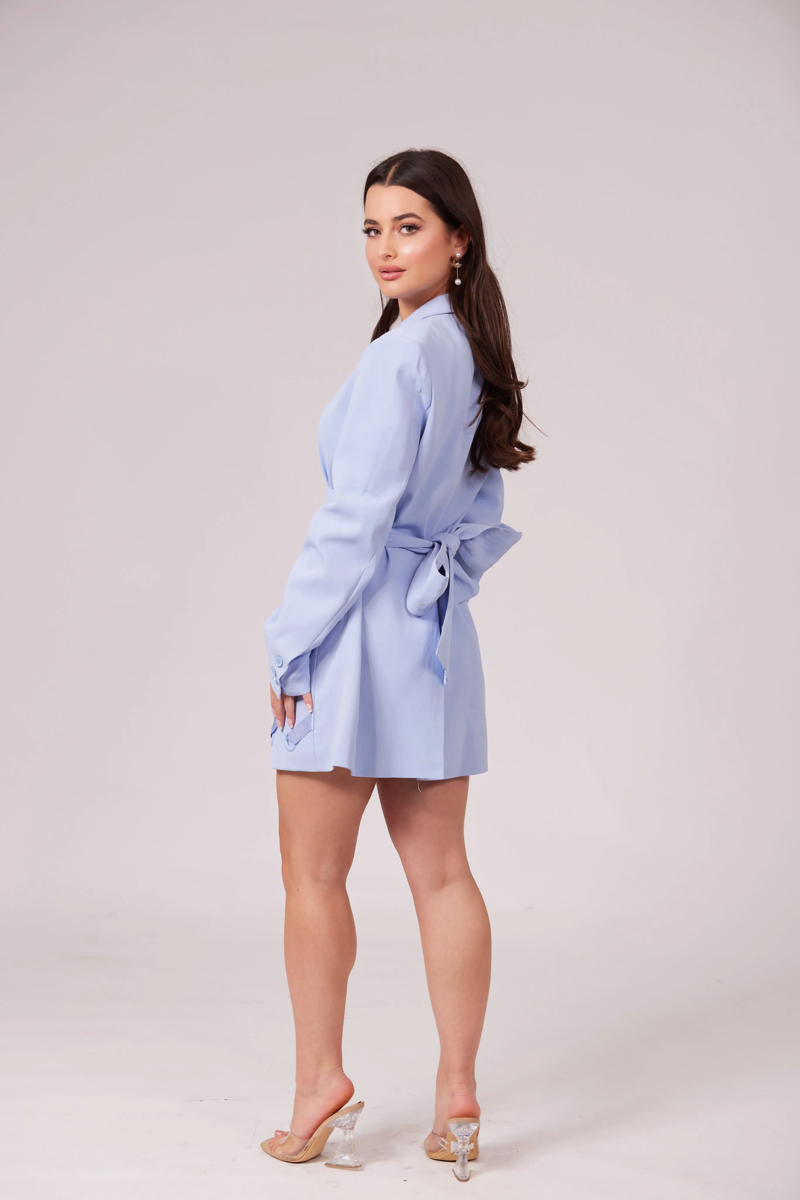 CELINE SKY BLUE BELTED BLAZER DRESS