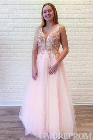 Charming Pink V Neck Prom Dresses with Beading Evening Dresses