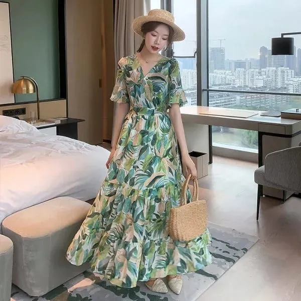 Chic Boho Printing Beach Dress Vintage Flower Women Party Slim Print Long Casual Korean Style Dresses Bohemian Clothing L S3823727