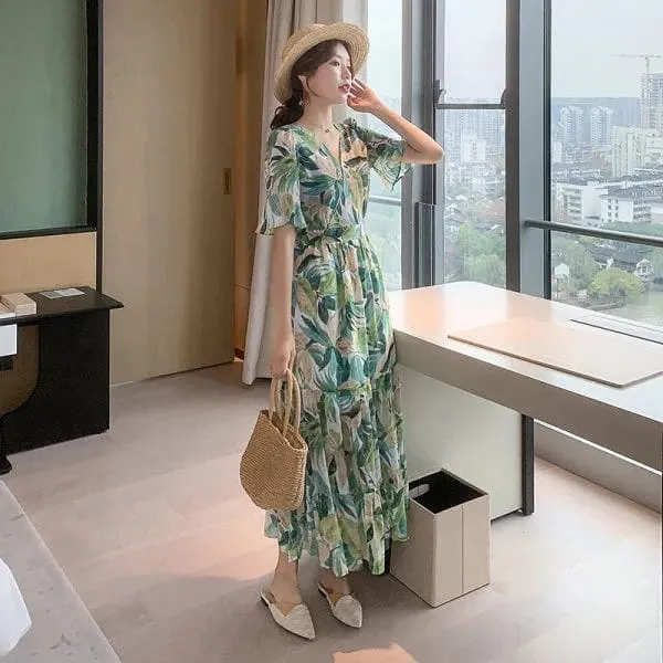 Chic Boho Printing Beach Dress Vintage Flower Women Party Slim Print Long Casual Korean Style Dresses Bohemian Clothing L S3823727