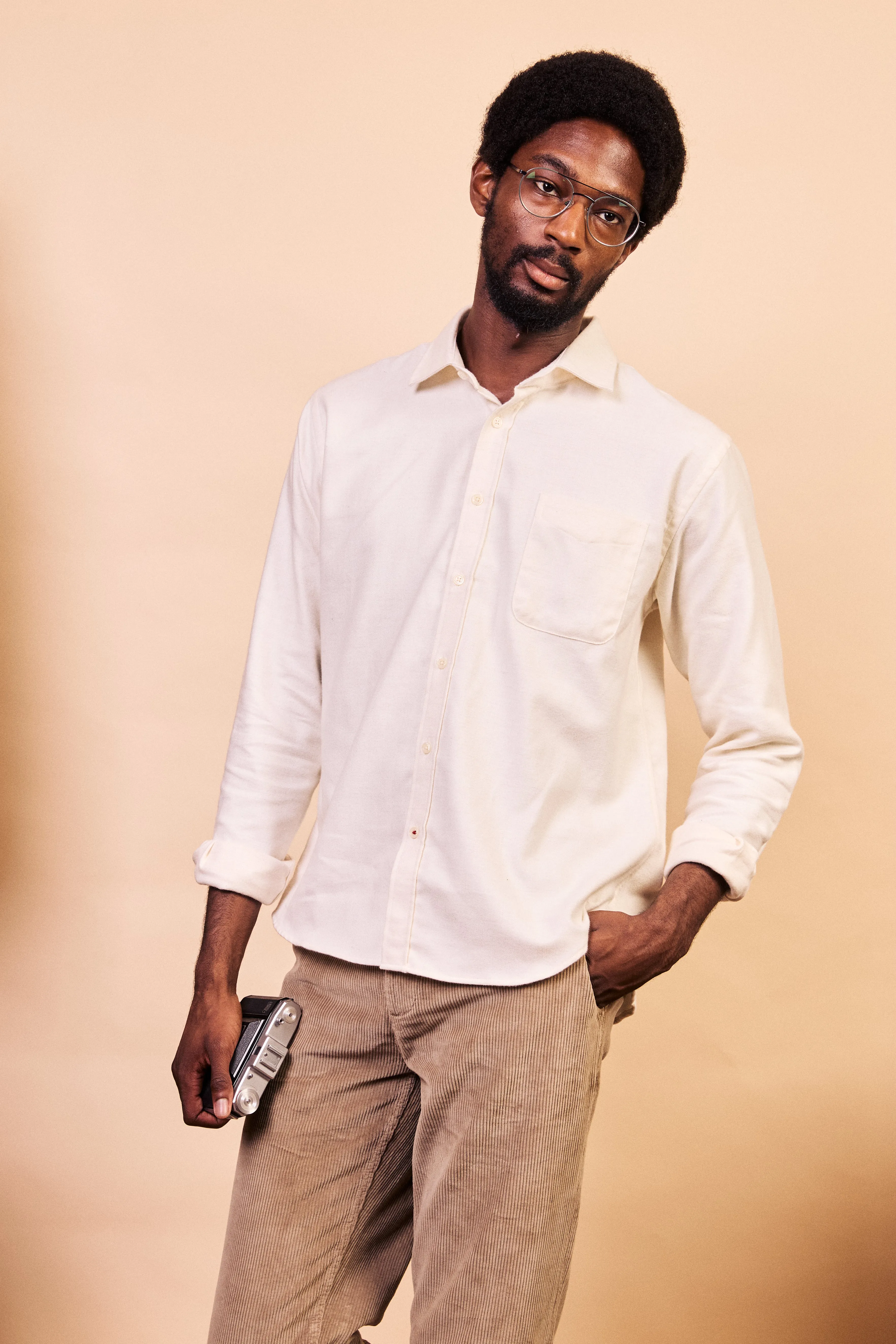 Classic Cotton & Cashmere Shirt - Cream Herringbone