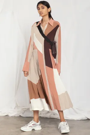 Colour-block pleated silk dress