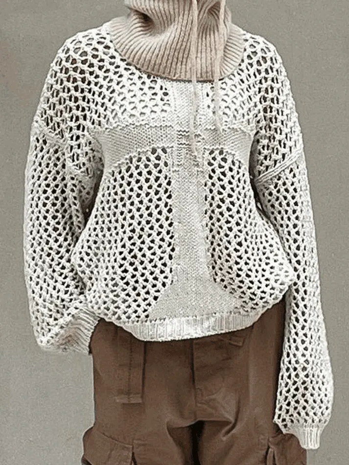 Cross Pattern Crochet Hollow Long Sleeve Knit Top