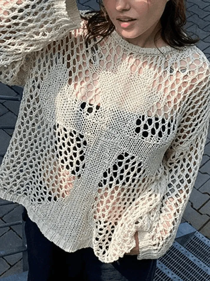 Cross Pattern Crochet Hollow Long Sleeve Knit Top