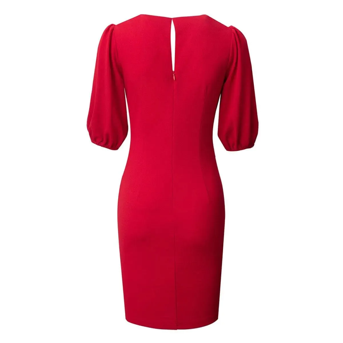 Deep V Lantern Sleeve Folds Solid Color Mini Dress With Keyhole