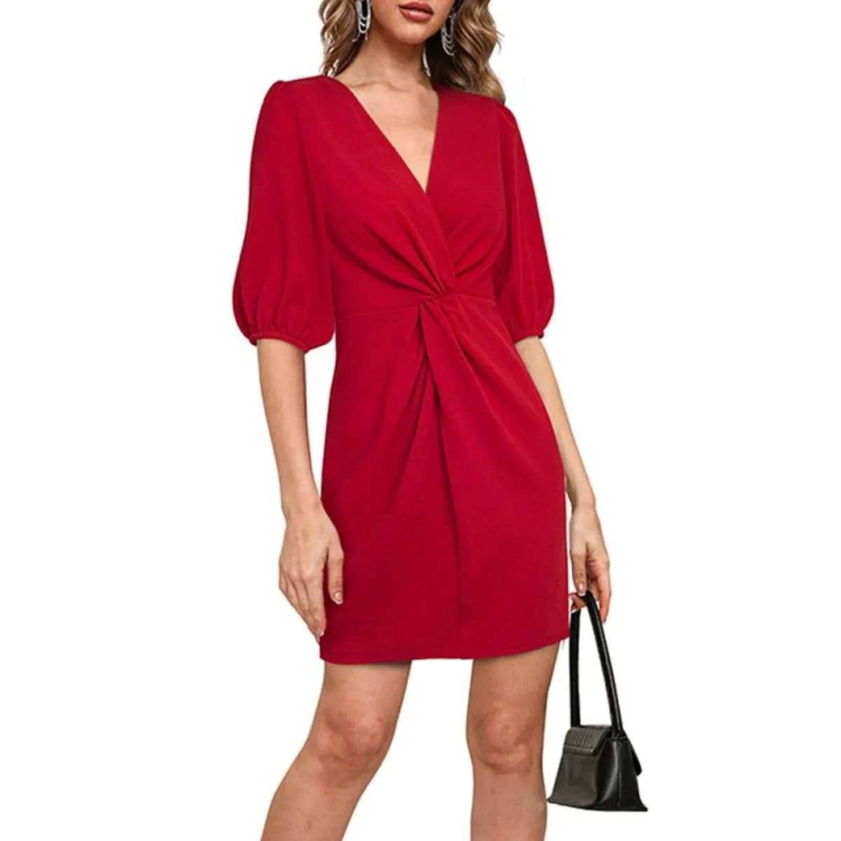 Deep V Lantern Sleeve Folds Solid Color Mini Dress With Keyhole