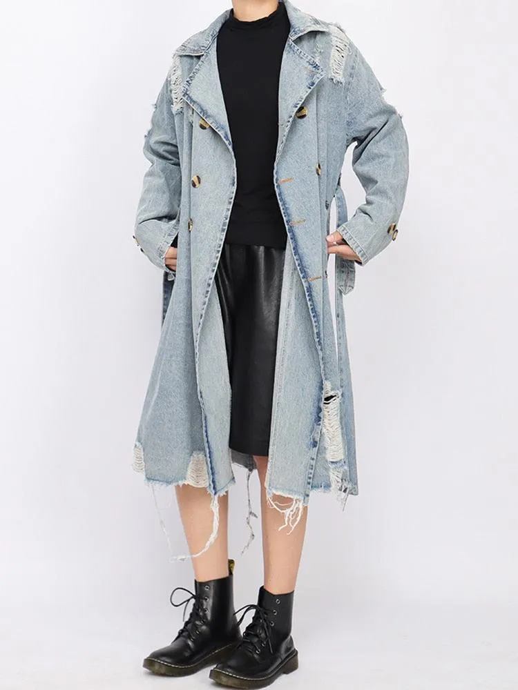 Distressed Denim Trench Coat