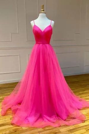 Evening Dresses Dance Dresses Hot Pink A Line Tulle Prom Dresses Long Formal Dresses