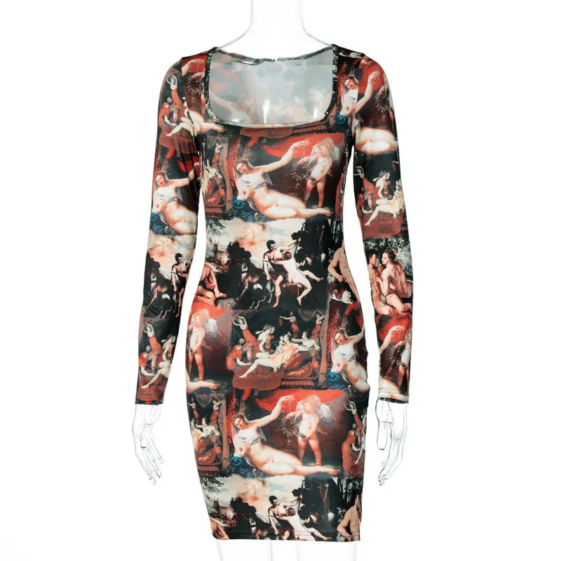 Fashion sexy retro print halter strap dress