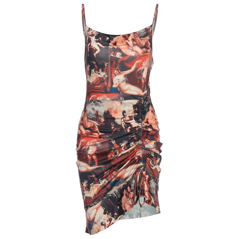 Fashion sexy retro print halter strap dress