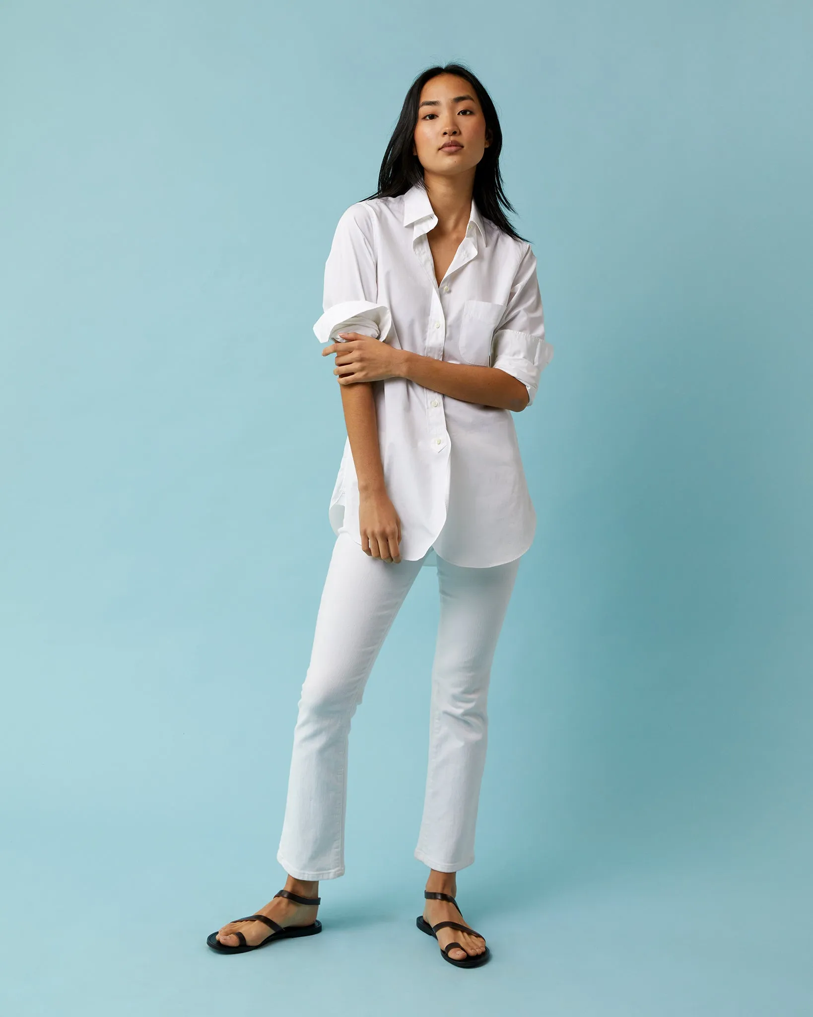 Flare Cropped 5-Pocket Jean in White Stretch Denim