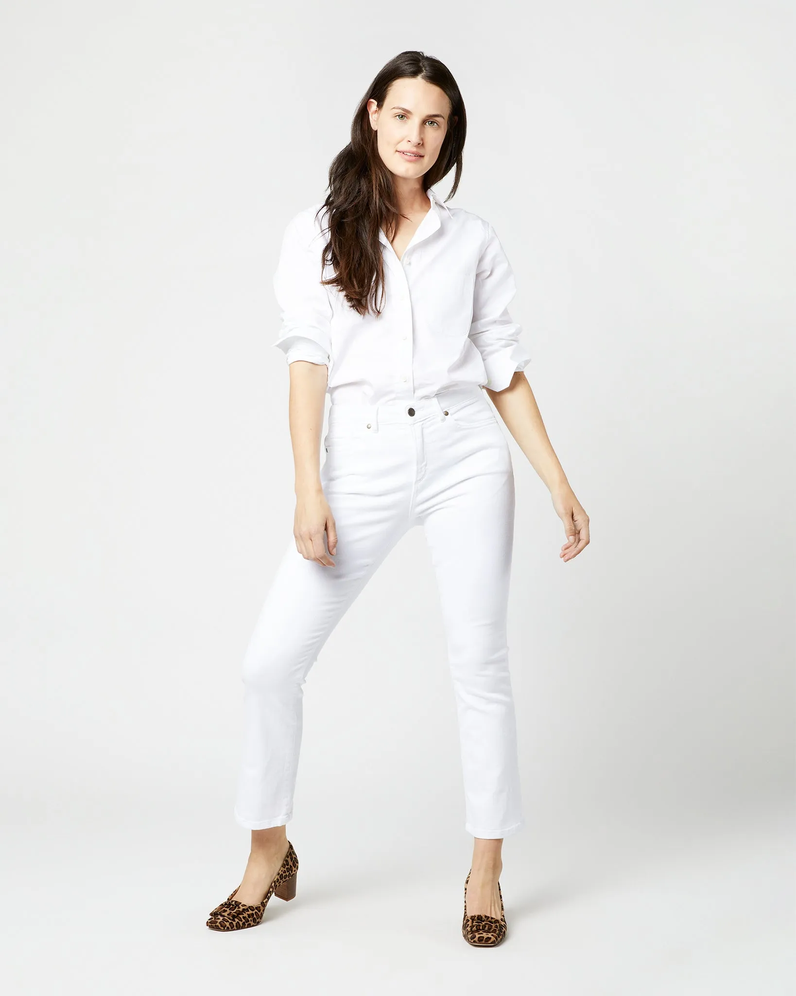 Flare Cropped 5-Pocket Jean in White Stretch Denim