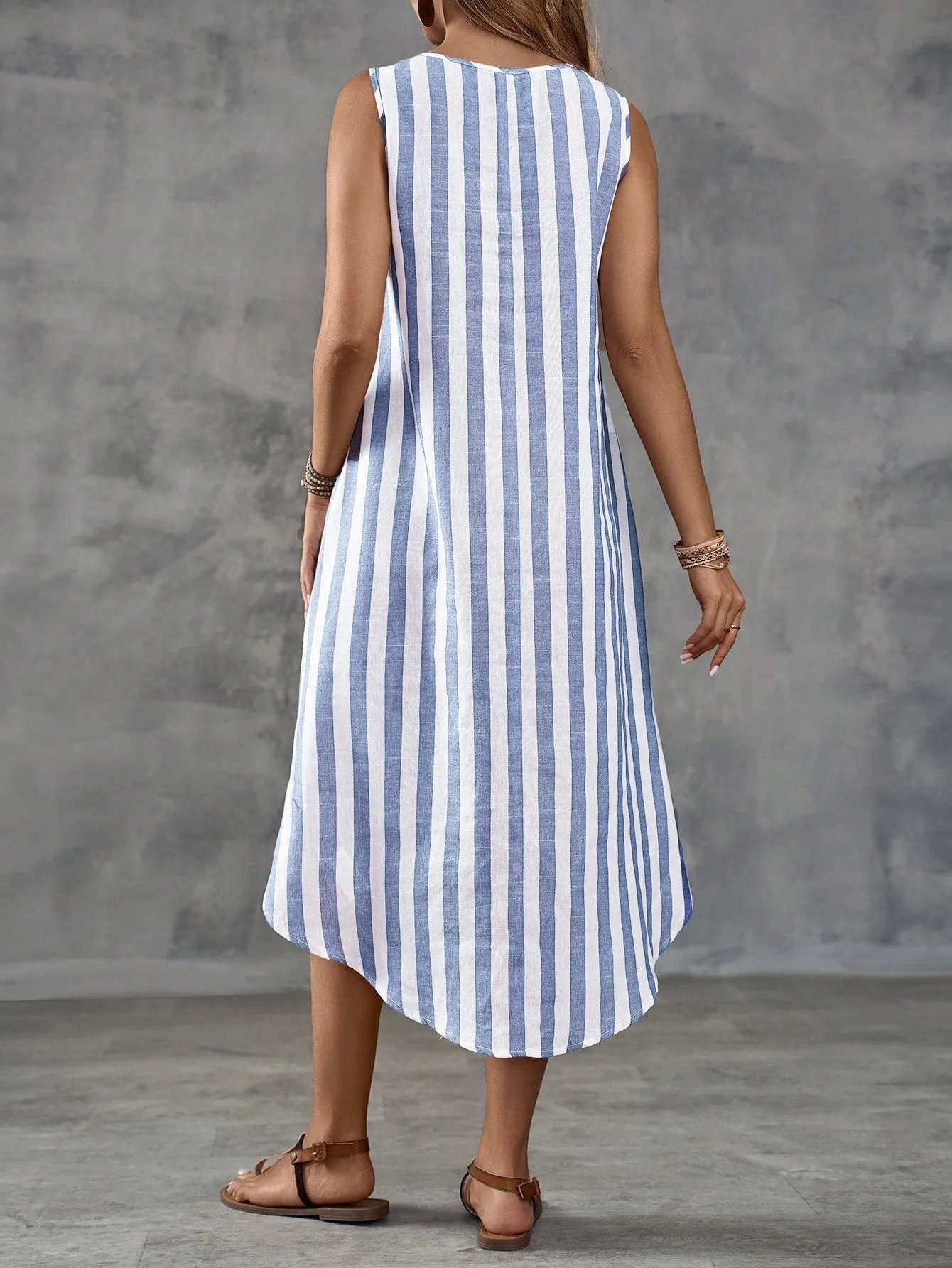 Island Vacation Striped Sleeveless Dress - Casual, High Low, Asymmetrical Hem, Cotton Blend