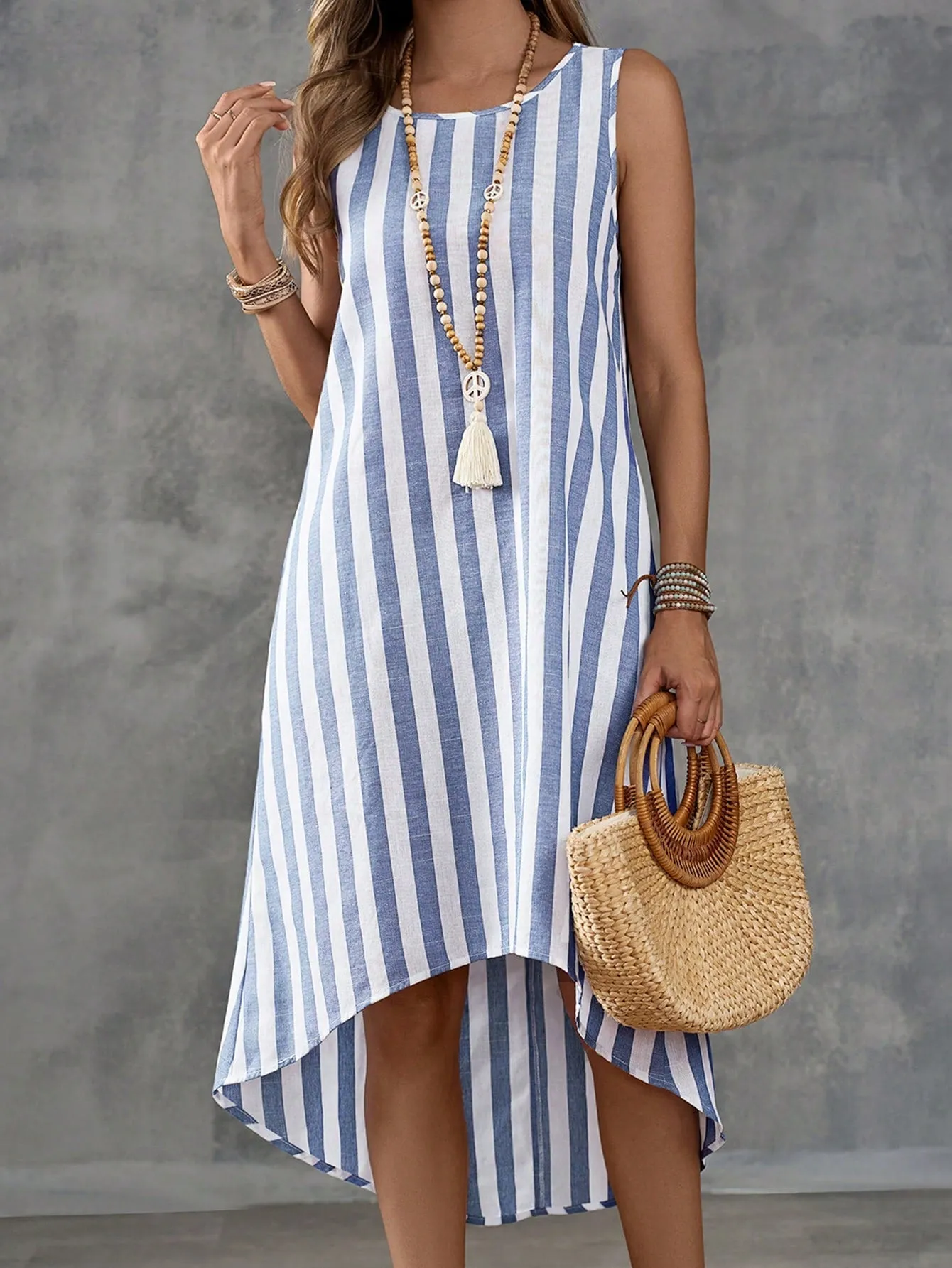 Island Vacation Striped Sleeveless Dress - Casual, High Low, Asymmetrical Hem, Cotton Blend