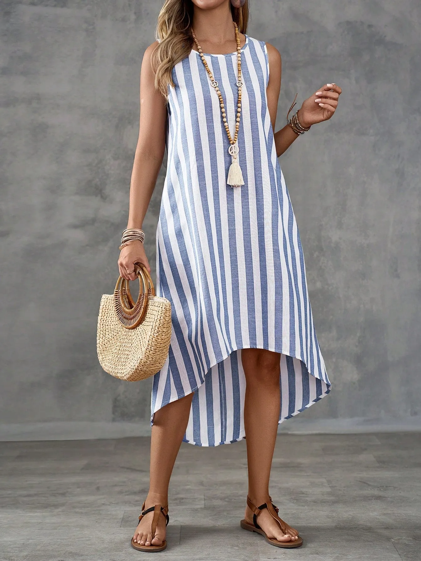 Island Vacation Striped Sleeveless Dress - Casual, High Low, Asymmetrical Hem, Cotton Blend