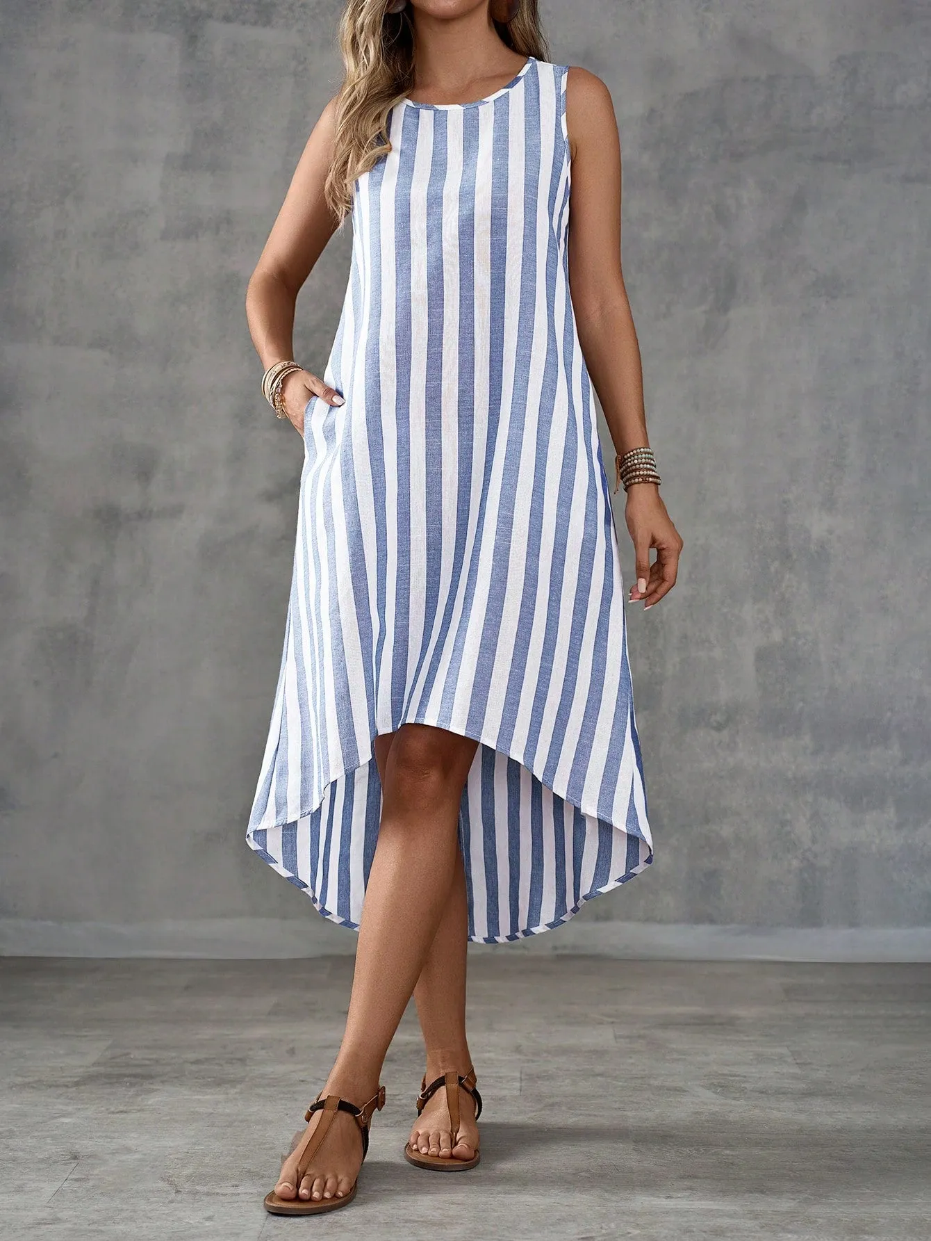 Island Vacation Striped Sleeveless Dress - Casual, High Low, Asymmetrical Hem, Cotton Blend