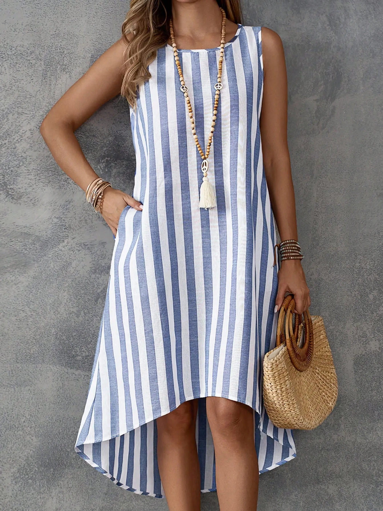 Island Vacation Striped Sleeveless Dress - Casual, High Low, Asymmetrical Hem, Cotton Blend