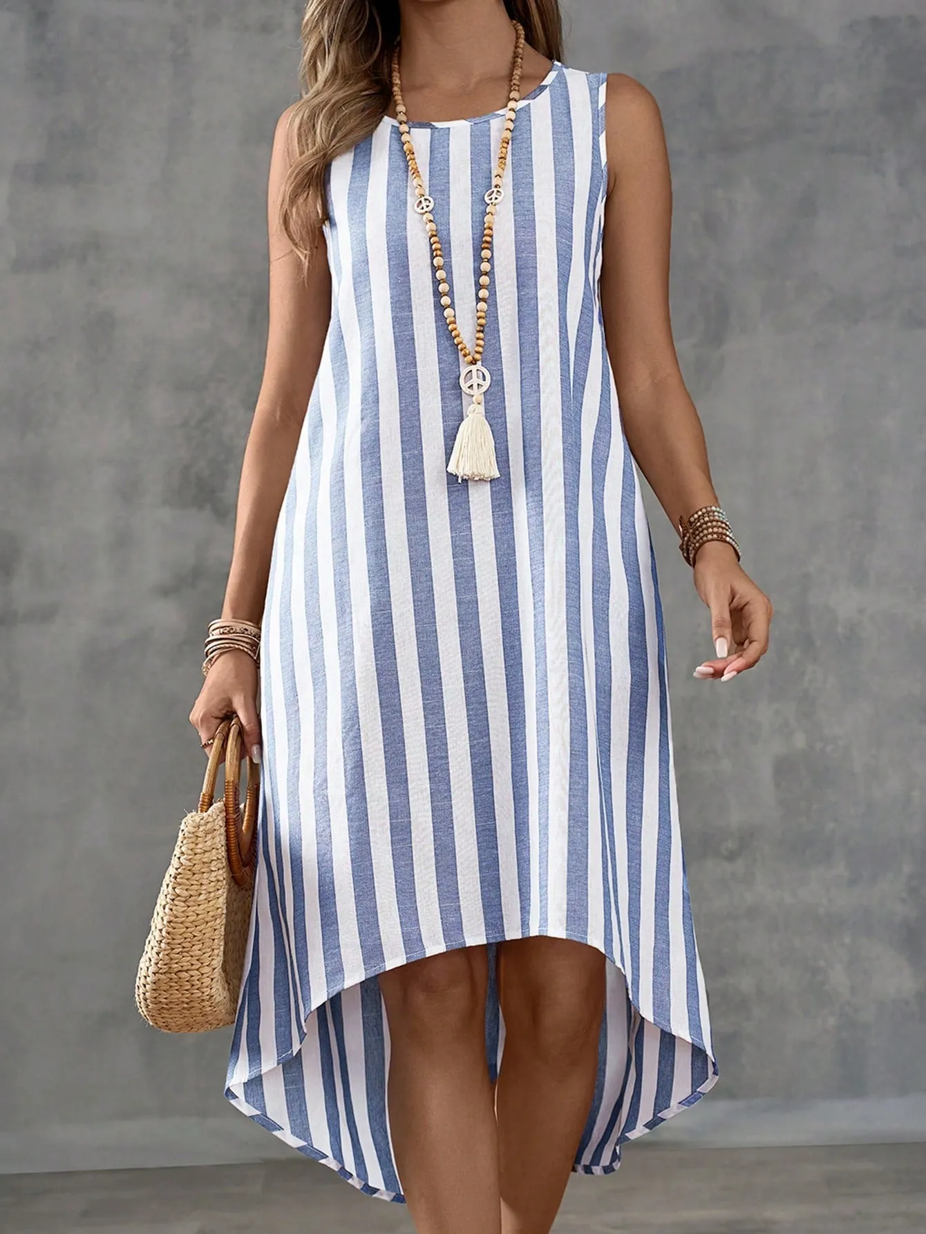 Island Vacation Striped Sleeveless Dress - Casual, High Low, Asymmetrical Hem, Cotton Blend