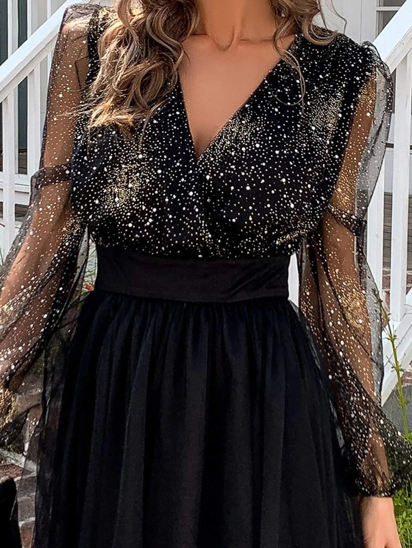 Lantern Sleeve Glitter Mesh Black Mini Tulle Dress M01057