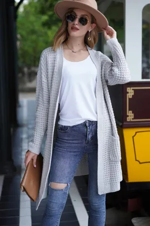 Light Grey Waffle Knit Long Open Cardigan