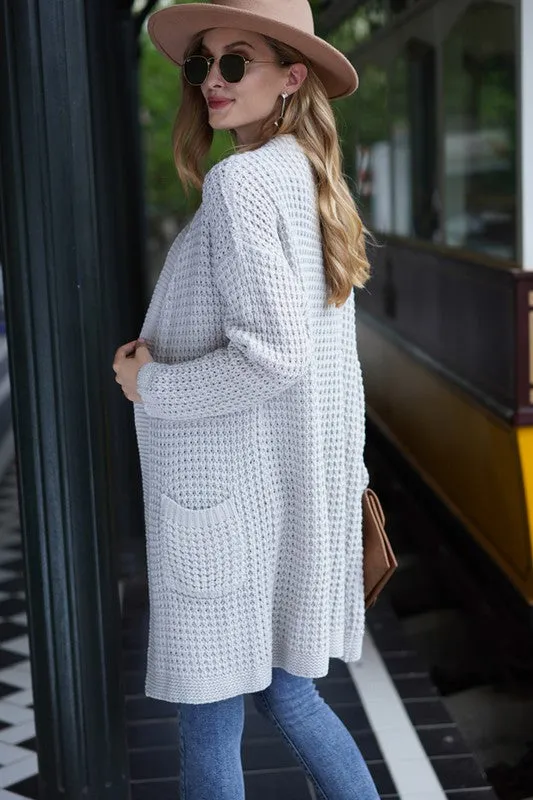 Light Grey Waffle Knit Long Open Cardigan