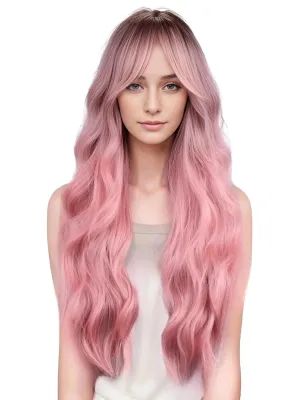 Long Body Wavy Pink Ombre Wig Heat-Resistant Synthetic Wigs Middle Part Natural Lolita Wigs For Women