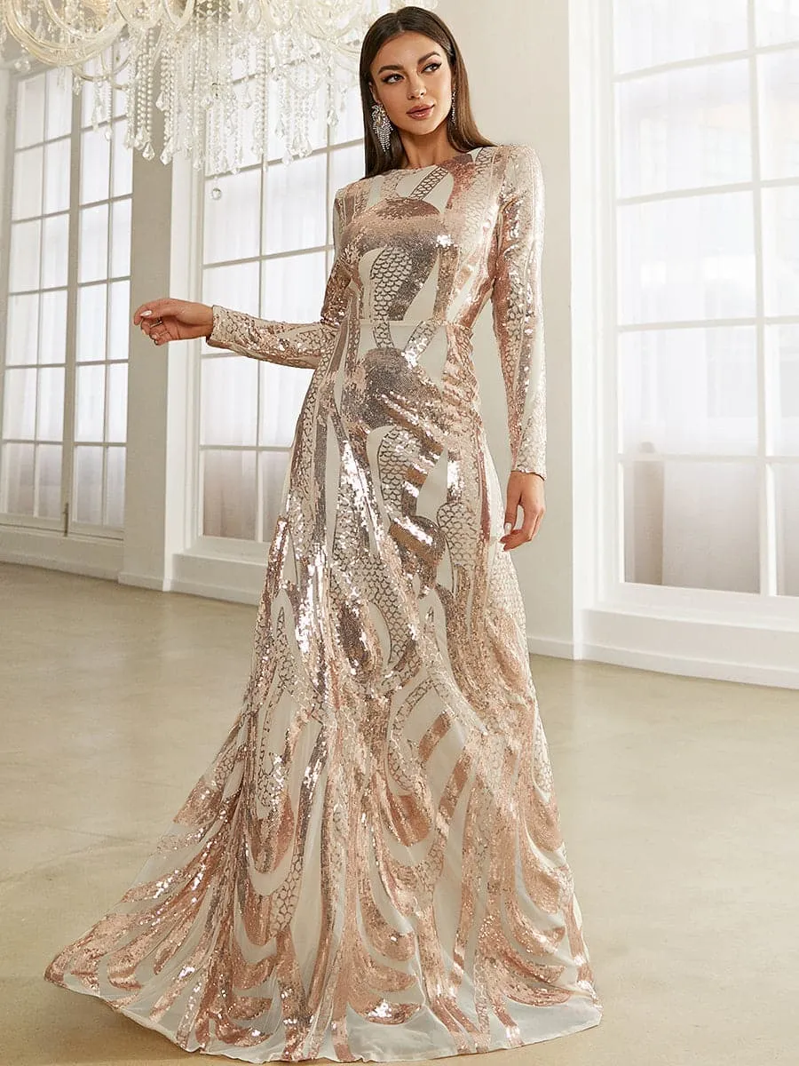 Long Sleeve Sequin Apricot Evening Dress XJ1494