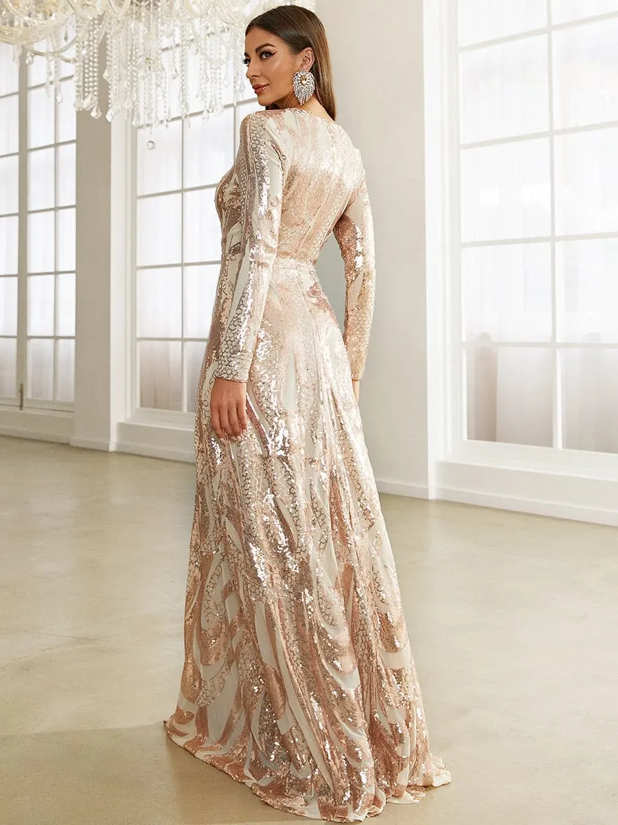 Long Sleeve Sequin Apricot Evening Dress XJ1494