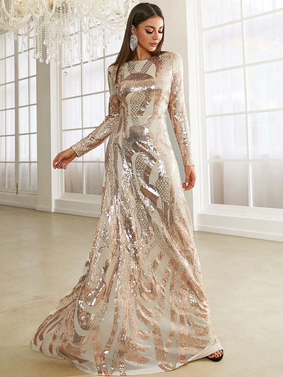 Long Sleeve Sequin Apricot Evening Dress XJ1494