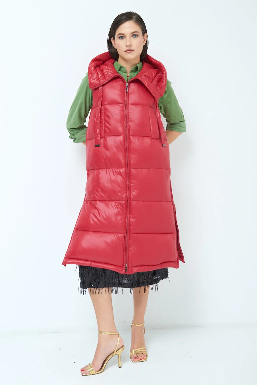 Long sleeveless down jacket with hood wholesale