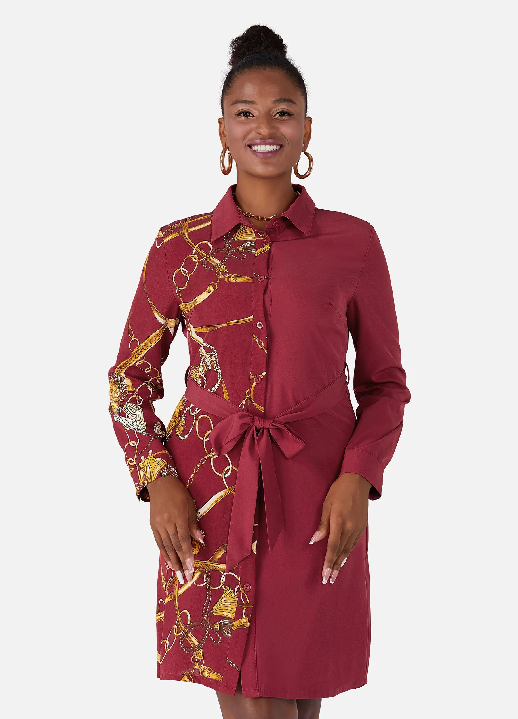 MECALA Women's Fall Long Sleeve Button Down Belted Shirt Dress