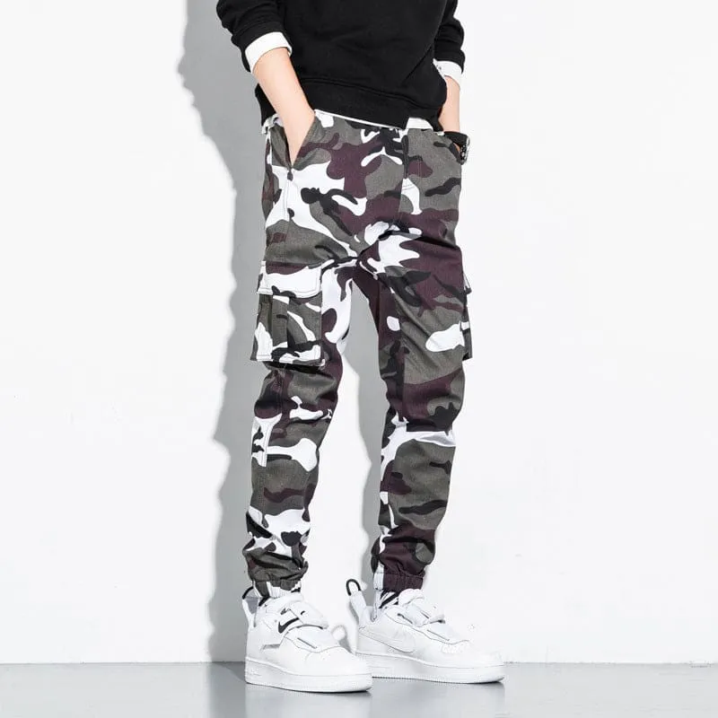 Men Camo Print Drawstring Multi-Pocket Cargo Sports Pants