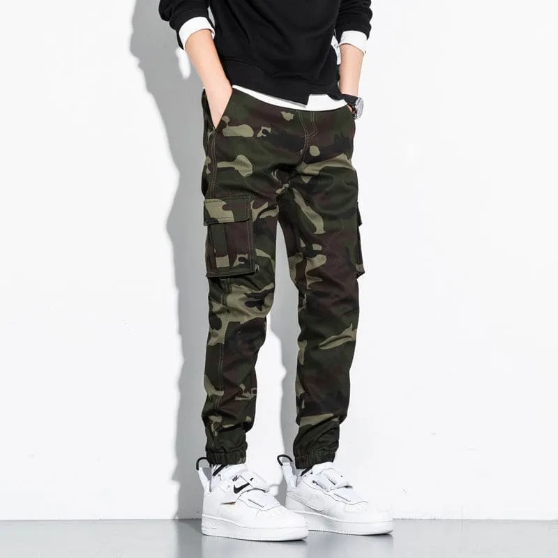 Men Camo Print Drawstring Multi-Pocket Cargo Sports Pants