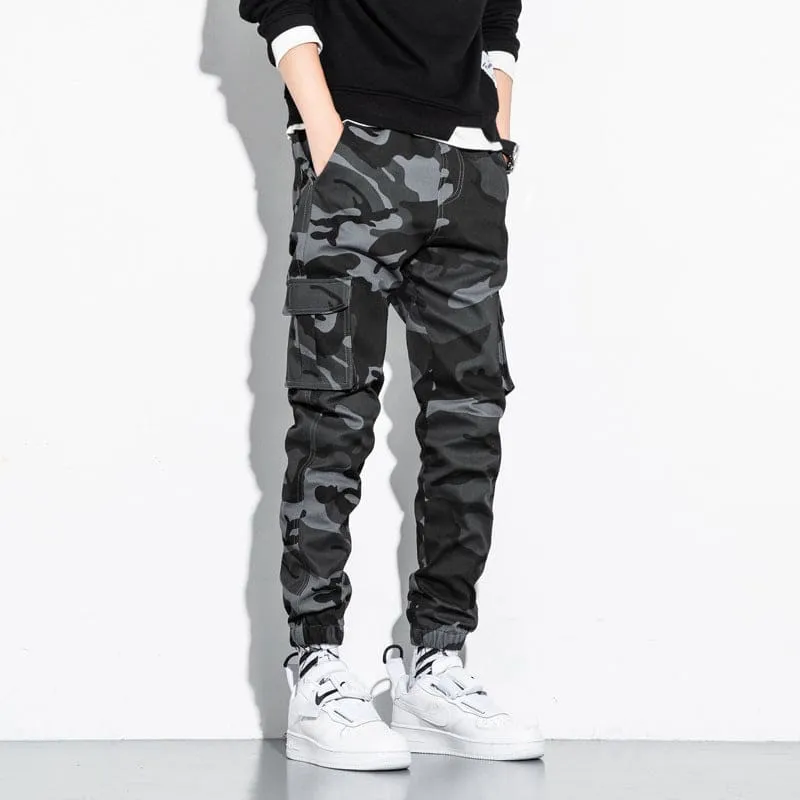 Men Camo Print Drawstring Multi-Pocket Cargo Sports Pants