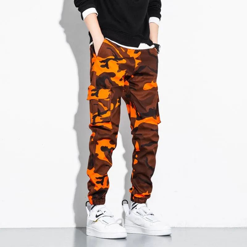 Men Camo Print Drawstring Multi-Pocket Cargo Sports Pants