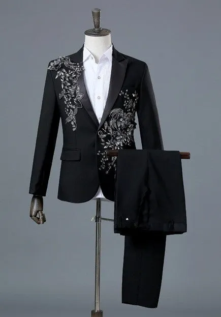 Mens 2 Piece Formal Embroidered Smart Fit Suit Flashing Sequins Crystal Blazers Coat Prom Party Tuxedo Costume Wedding Outfit