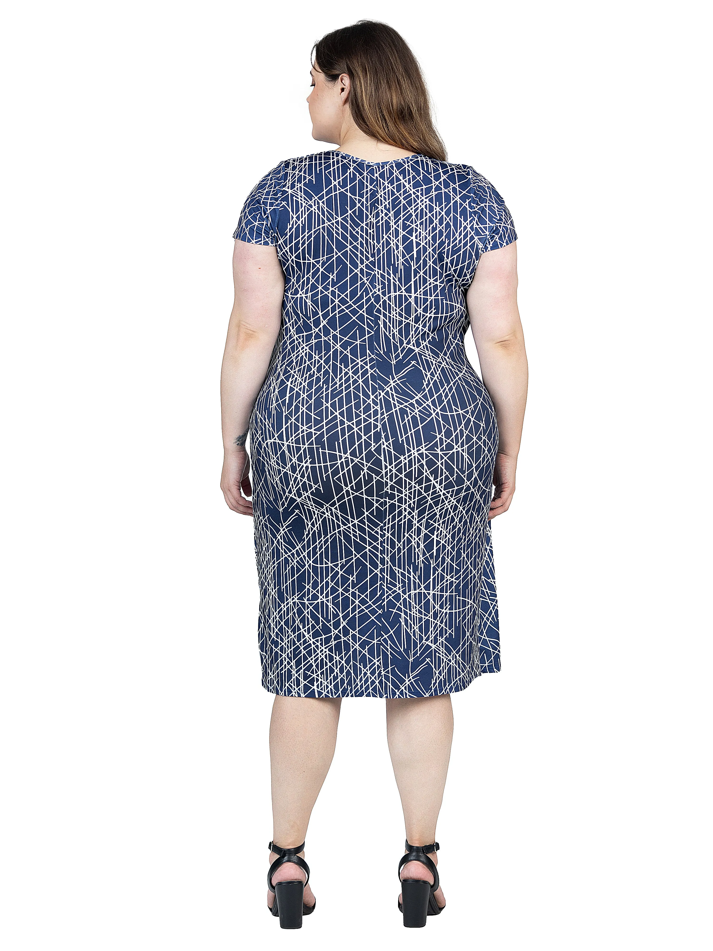 Navy Geometric Print Plus Size Knee Length Short Sleeve Faux Wrap Dress