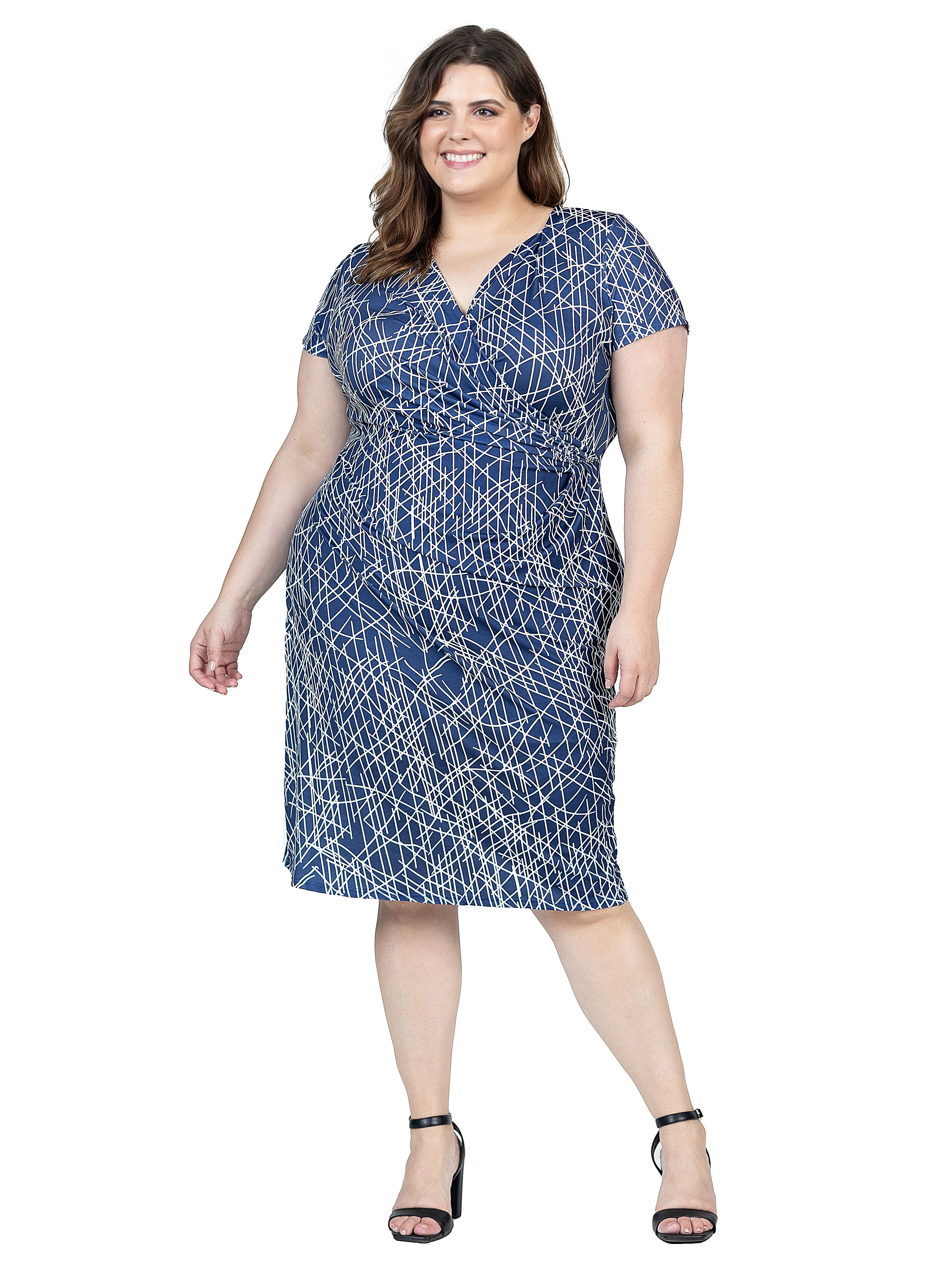 Navy Geometric Print Plus Size Knee Length Short Sleeve Faux Wrap Dress