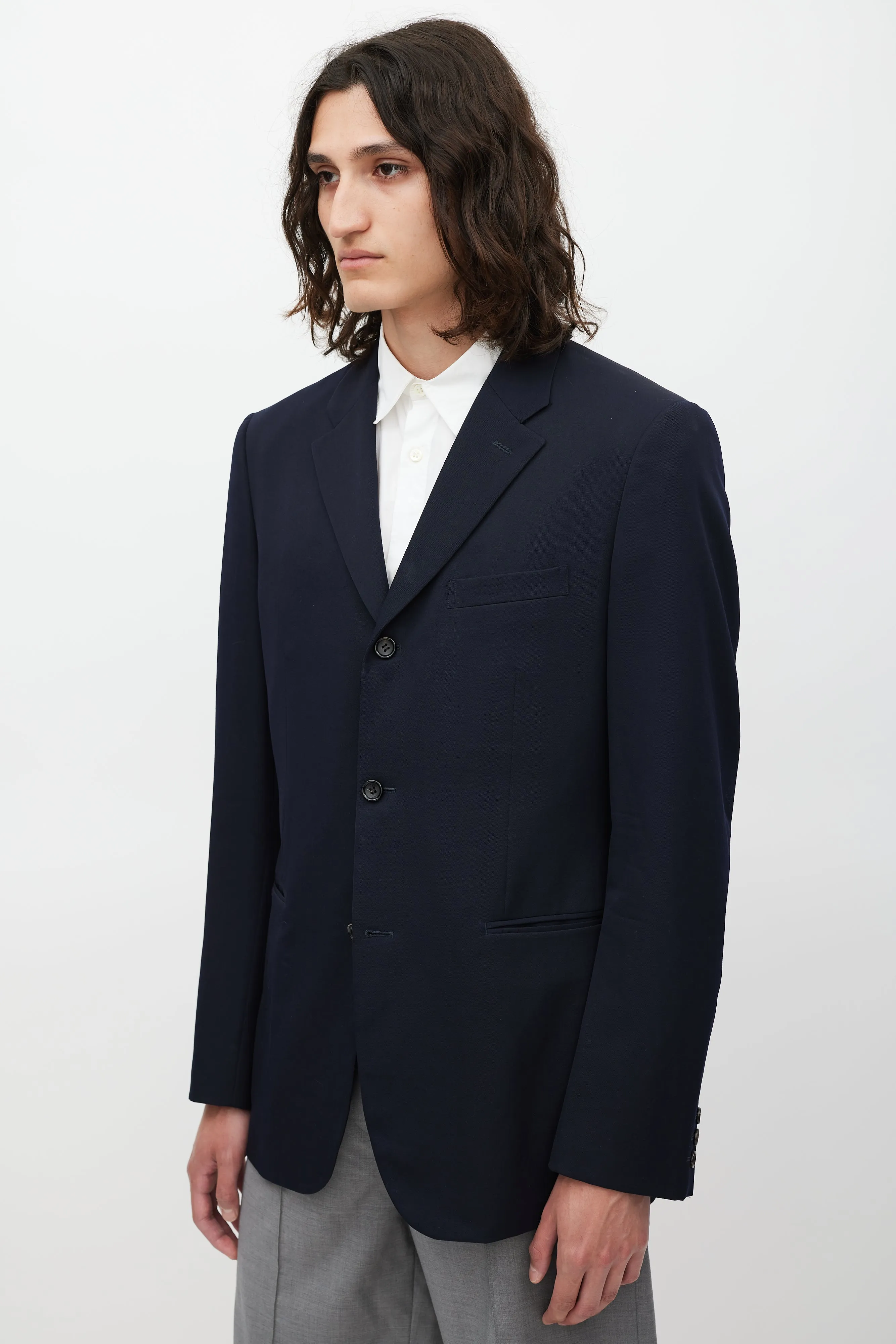 Navy Wool Three Button Blazer