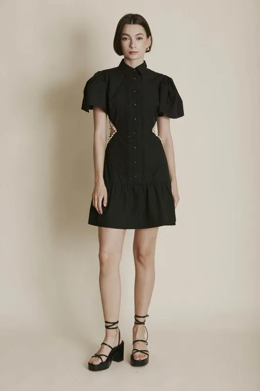 Pearl Trim Cut-Out Shirt Dress